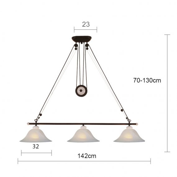 Breite Balkenlampe mit kelchfrmigen Alabasterglas-Schirmen, Durchmesser 32cm