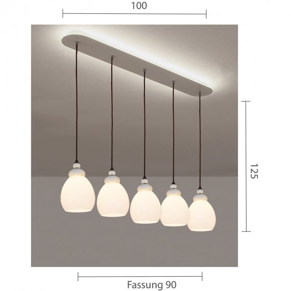 Fnfflammige Hngeleuchte an Deckenleiste rund, wei, Schirmmodelle Tropfen gro, mit LED-Stripe (auf Anfrage)